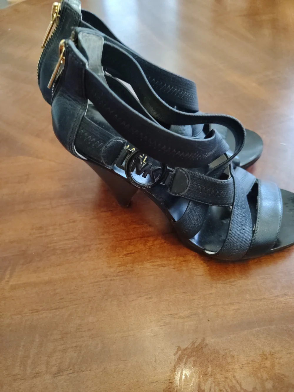Michael Kors Black Leather Strappy Sandals Gold Zipper MK‎ Logo Cone Heels